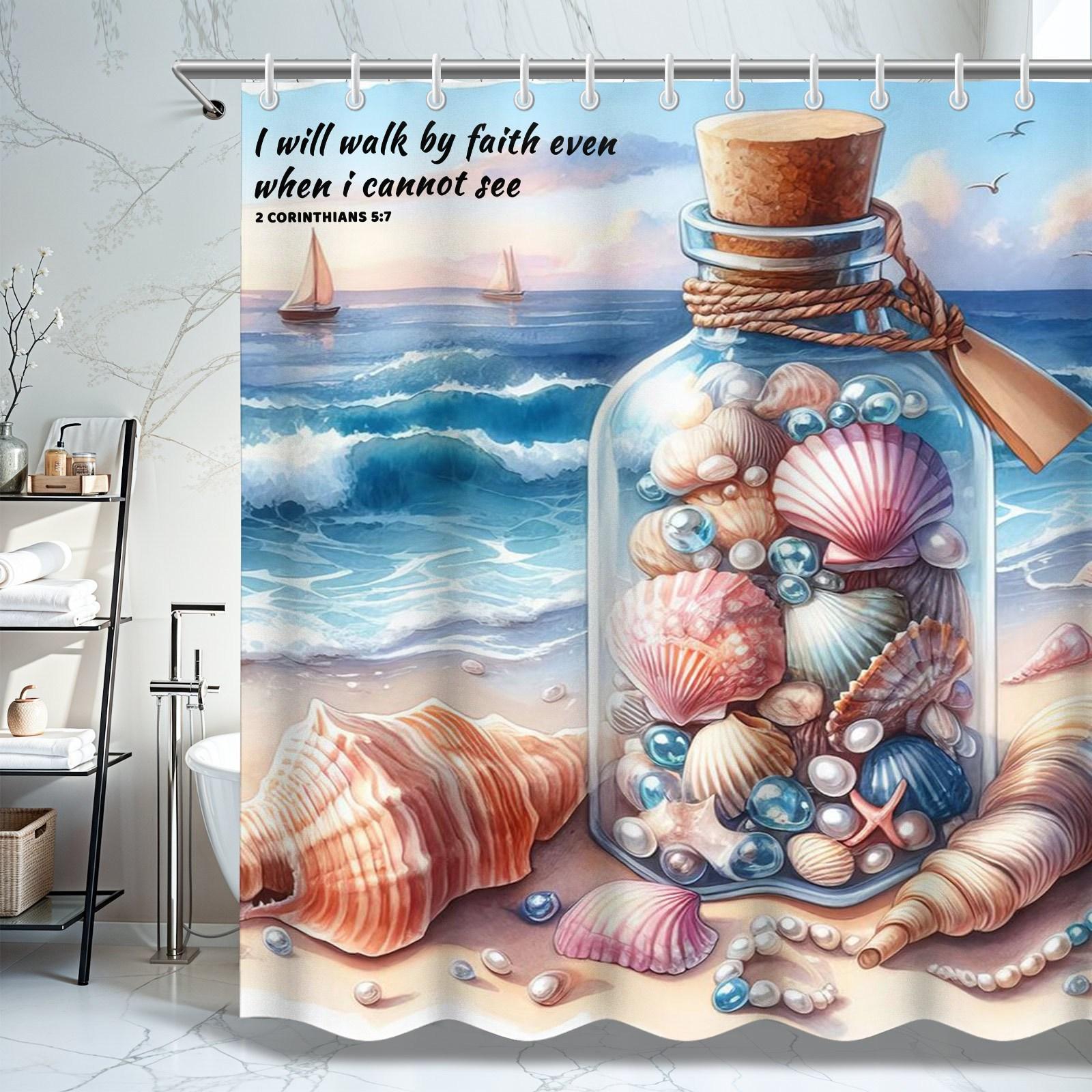 Ocean-Themed Shower Curtain - Seashells & Beach Bottle, Inspirational Quote, Perfect for Ocean Lovers, Artistic Bathroom Decor W90XH180cm