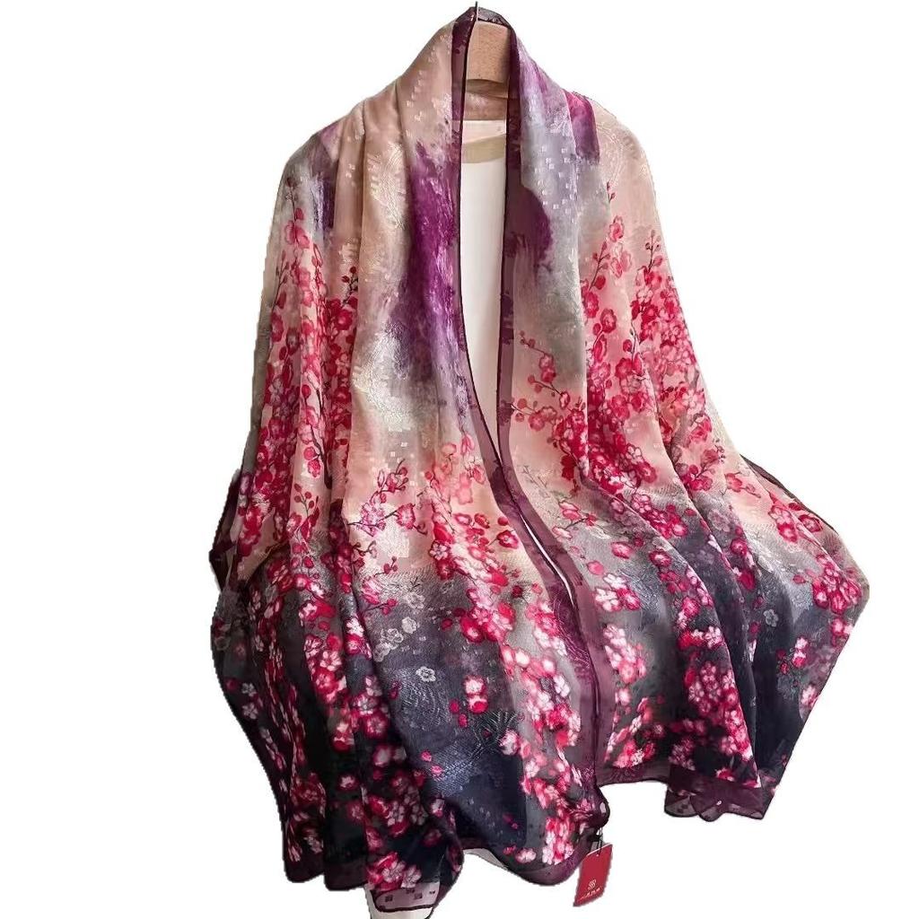 180 * 90 High-End Single-Sided Cut Dill Long Shawl Retro Chinese Style Ancient Charm Elegant Silk Scarf Dunhuang