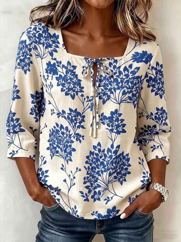 Womens Retro Floral Print Square Neck 3 Quarter Sleeve Casual Loose Top