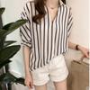 Summer 1116 New Han Fan Lace-up Seven-Sleeve Striped Shirt Women's Loose Casual Chiffon Shirt Bottom Top