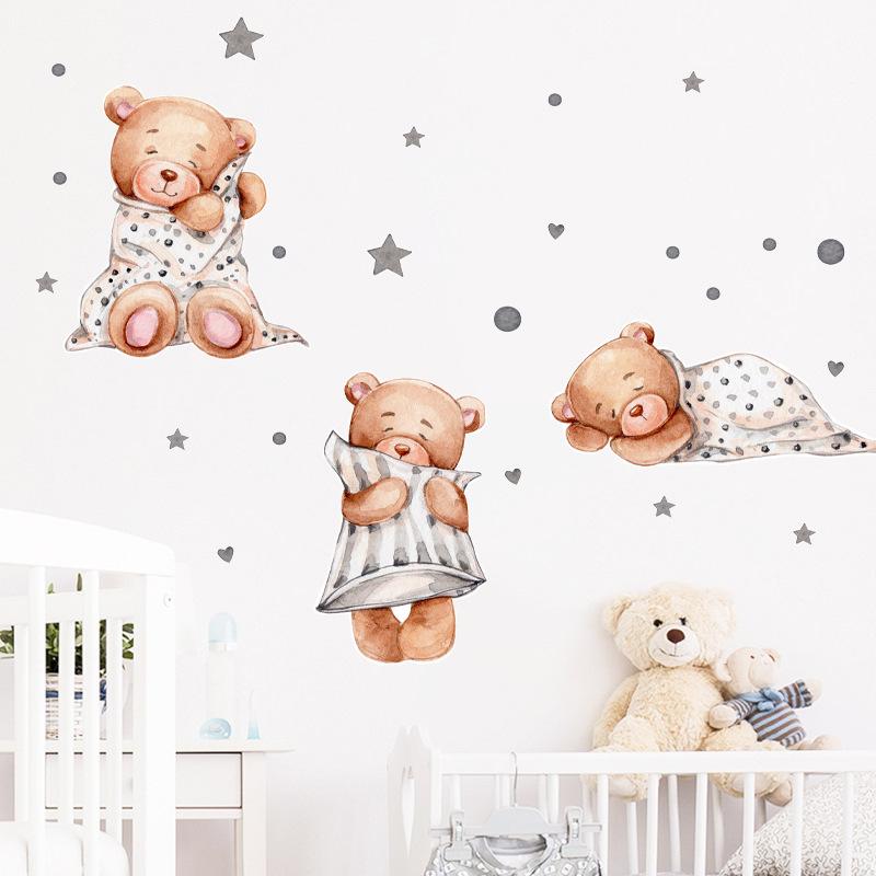 Cartoon Bear Goodnight Star Wall Stickers for Kids Room Nursery Kindergarten Home Decor Self Adhesive Removable Decals