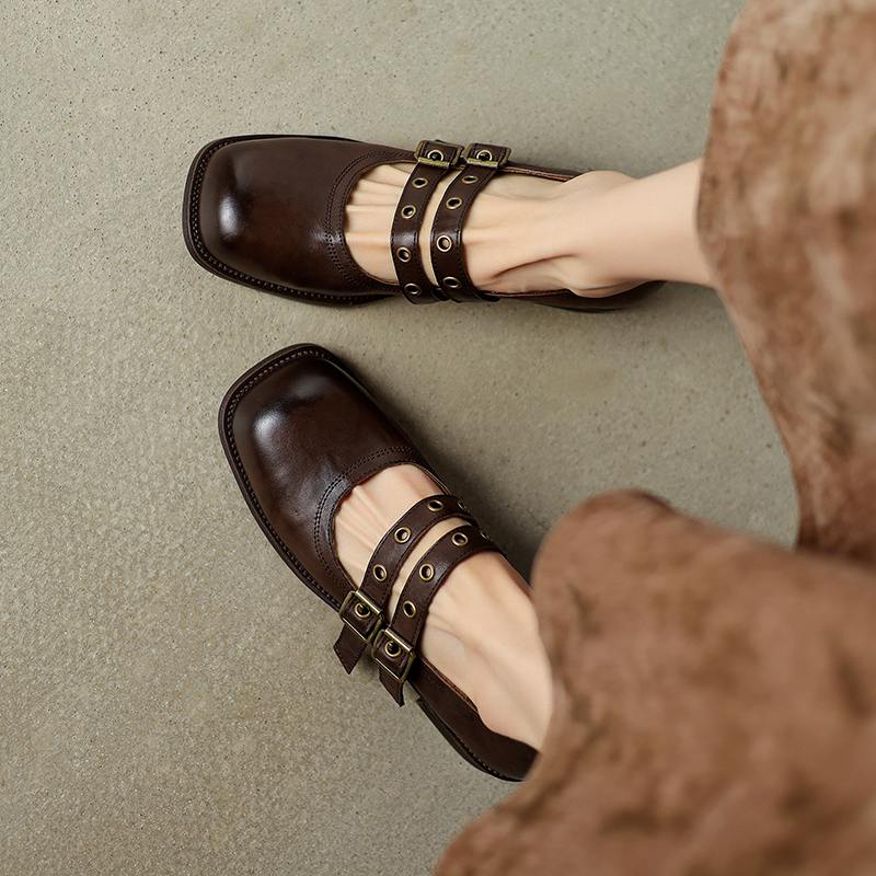Krazing Pot Cow Skin Spring Summer Size 40 Loafers Thick Med Heels Metal Buckle Women Round Toe Leisure Pumps