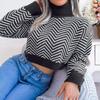 Women's High Neck Long Sleeve Stripe Open Navel Sweater Autumn Winter Casual Knitted Top