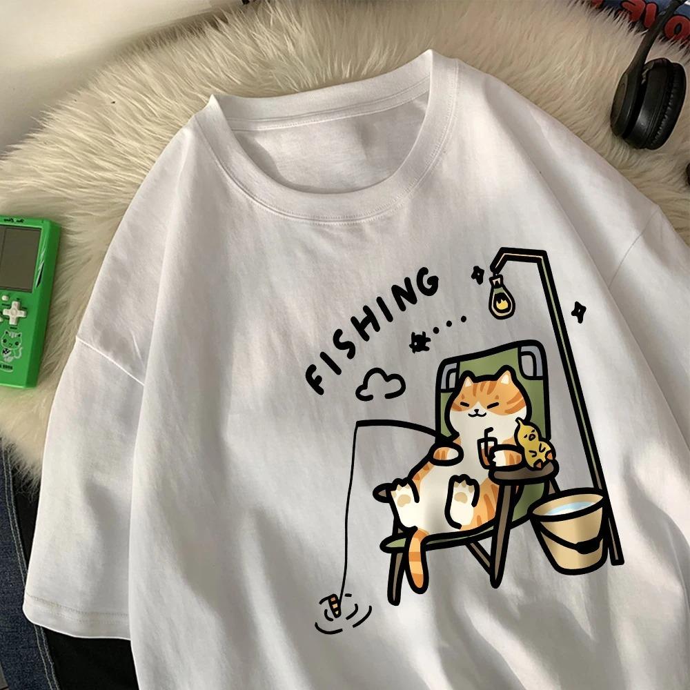 

The Kitten Is Fishing Women T-Shirts Cartoons Printing T Shirts Loose O-Neck Soft Short Sleeve Tops Summer Woman Clothes S