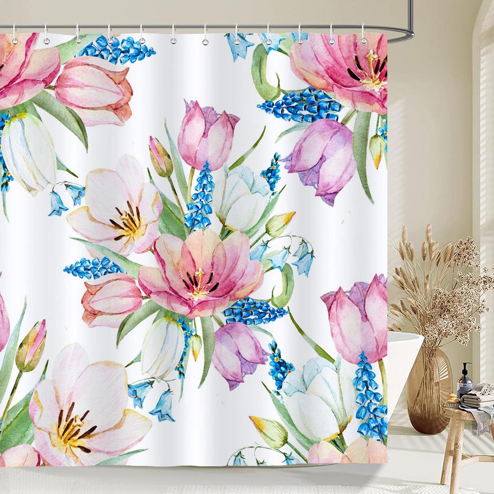 

Bathroom Flowers Shower Curtain Watercolor Plant Floral Art Polyester Fabric Shower Curtain 180 * 180Cm With 12 Hooks W60H190(CM)-1 Pcs