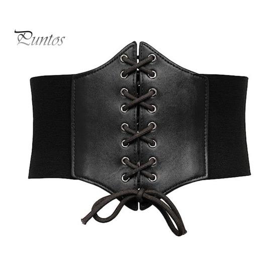 Women Corset Elastic Waistband Lace-up Wide Belt Solid Color Imitation Leather Outfits Dresses Tops Waist Cincher