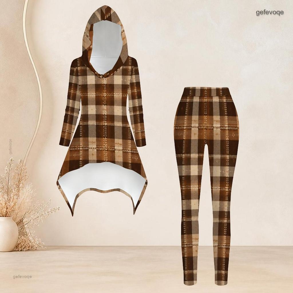 Women Plus Size Hooded Long Sleeve Abstract Print High Low Top Fitted Pants Two Piece Set