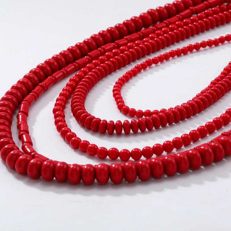 Handmade Red Beaded Layered Necklace Women Boho Chic Statement Jewelry With Geometric Design 81cm Length