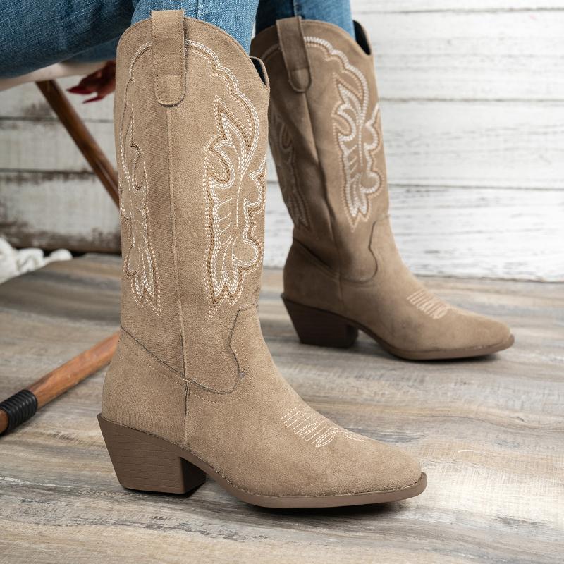 

Модные женские ботинки Осень Зима Удобная обувь Высокий толстый каблук Острый носок Женская обувь Сексуальные Модные Вышитые Длинные ботинки 39 хаки