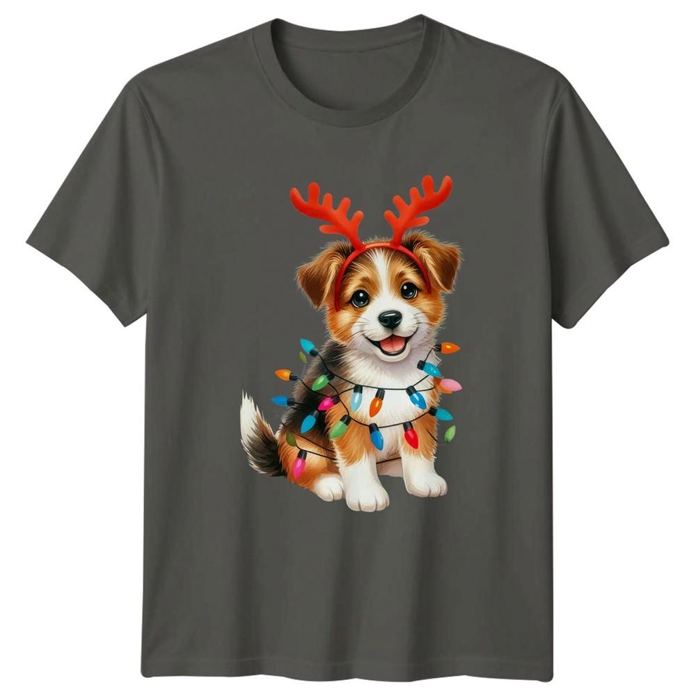 Puppy Dog Reindeer Antlers Christmas Lights Holidays Unisexs Unisexs Graphic Tee S