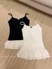 Women's White Bow Spaghetti Strap Ballet Tank Top with Lace Ruffle Hem