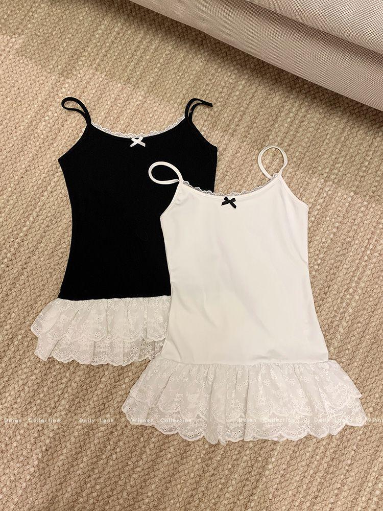 Women's White Bow Spaghetti Strap Ballet Tank Top with Lace Ruffle Hem