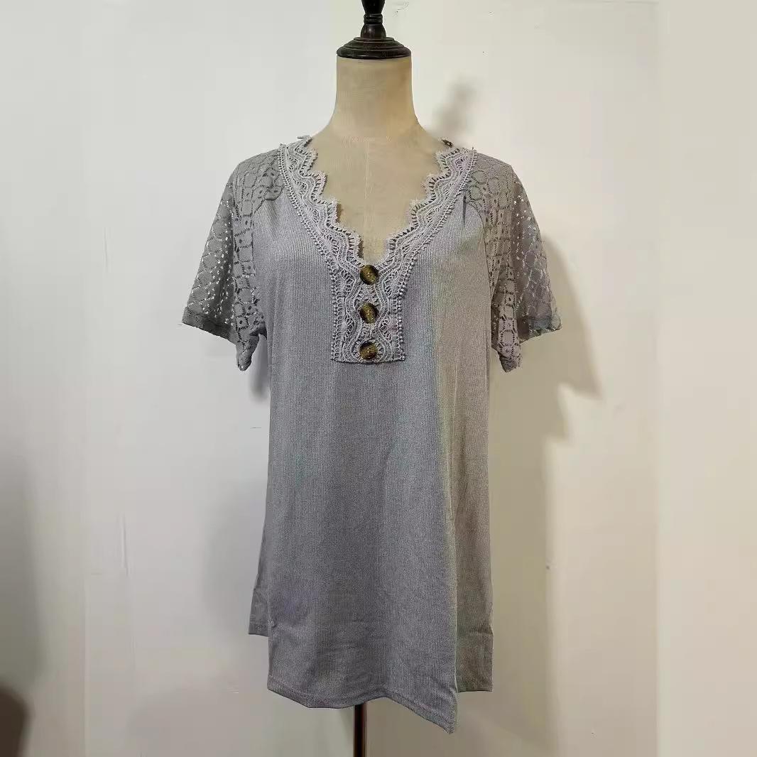 

Элегантный топ размера плюс, женская полупрозрачная футболка с v-образным вырезом и пуговицами, кружевная полупрозрачная футболка с короткими рукавами XS серый