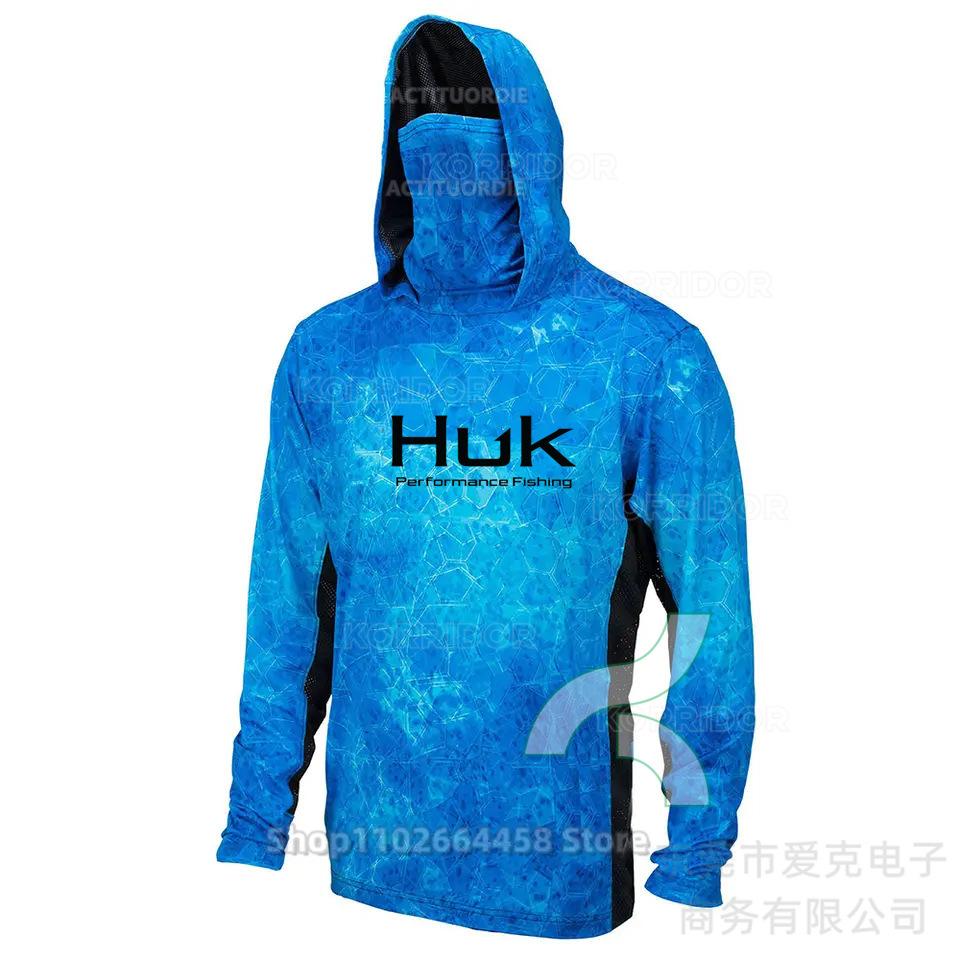 HUK fishing suit men's hoodie summer sun protection long sleeve fishing top with mask outdoor sports fishing shirt