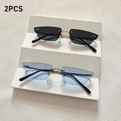2pcs/Set Rimless Rectangle Women Fashion Sunglasses Designer Trendy Small Frame Summer Style Sun Glasses Outdoor Accessory