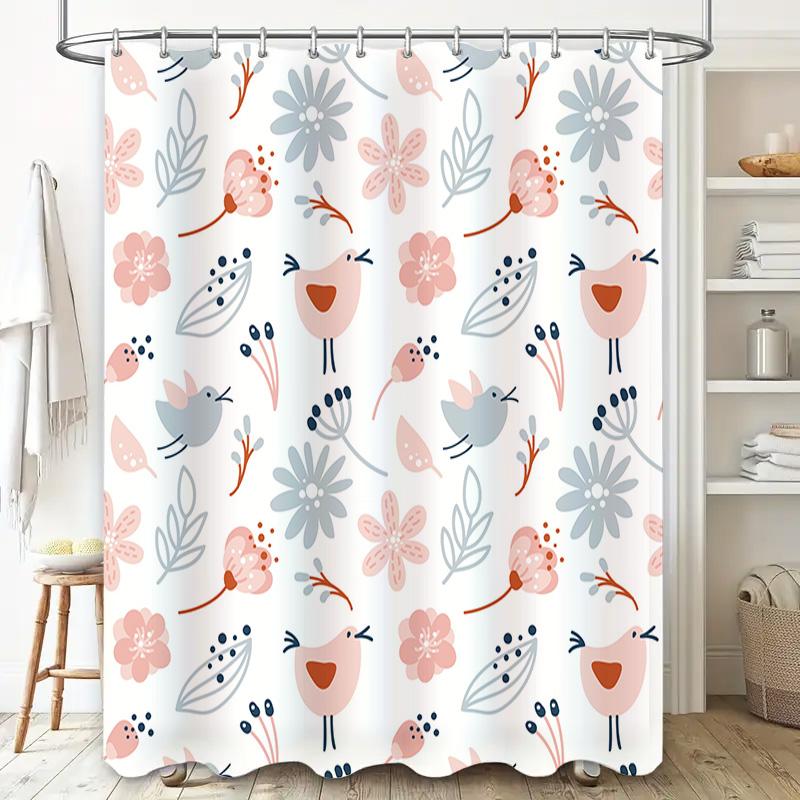 Beautiful Pink Floral Birds Shower Curtain Perfect For Bathroom Decor!