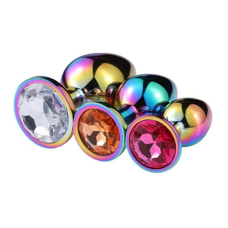 3 Sizes Stainless Steel Rainbow Anal Sex Toys Jewel Metal Butt Plug Non Vibrating Butt Plugs