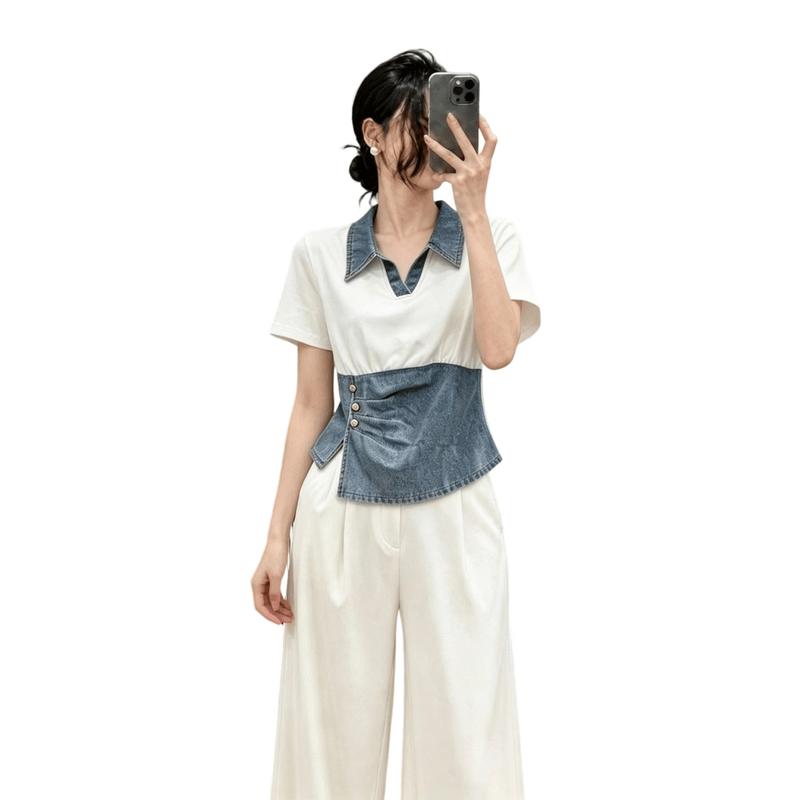 La Chapelle Women s Retro Patchwork Denim Short Sleeve Polo T-Shirt L