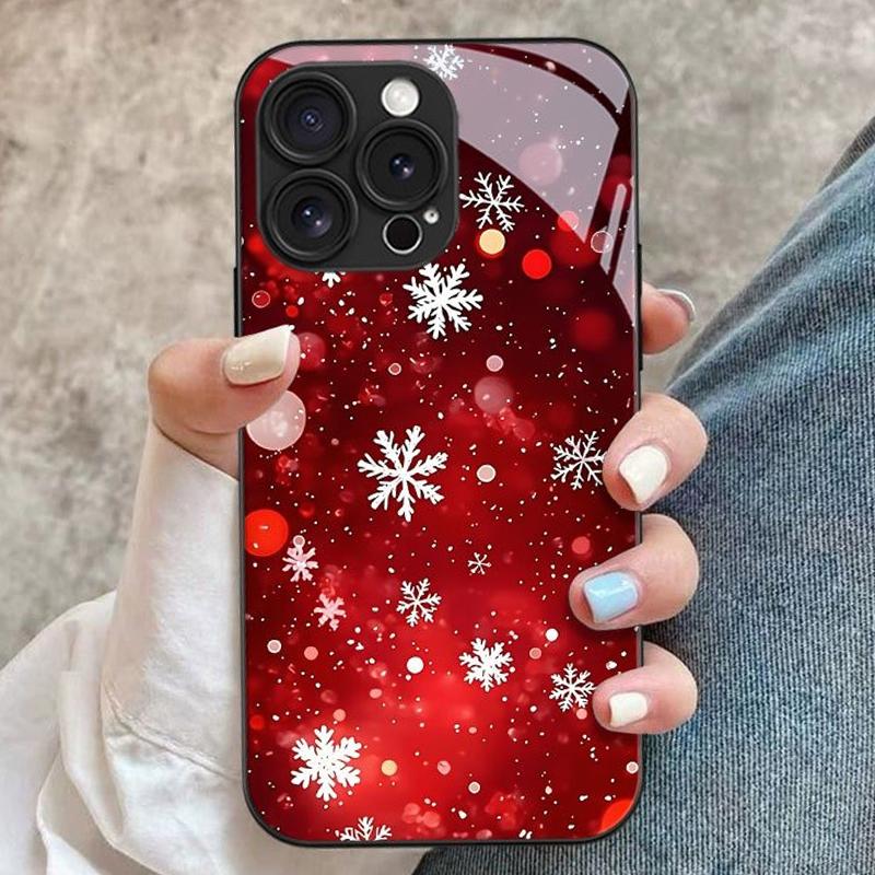 Red Christmas Snowflakes Tempered Glass Phone Case For iPhone 18 Pro Max 11 12 13 14 15 16 17 Pro 17 Air 7 8 Plus XS X XR Cover