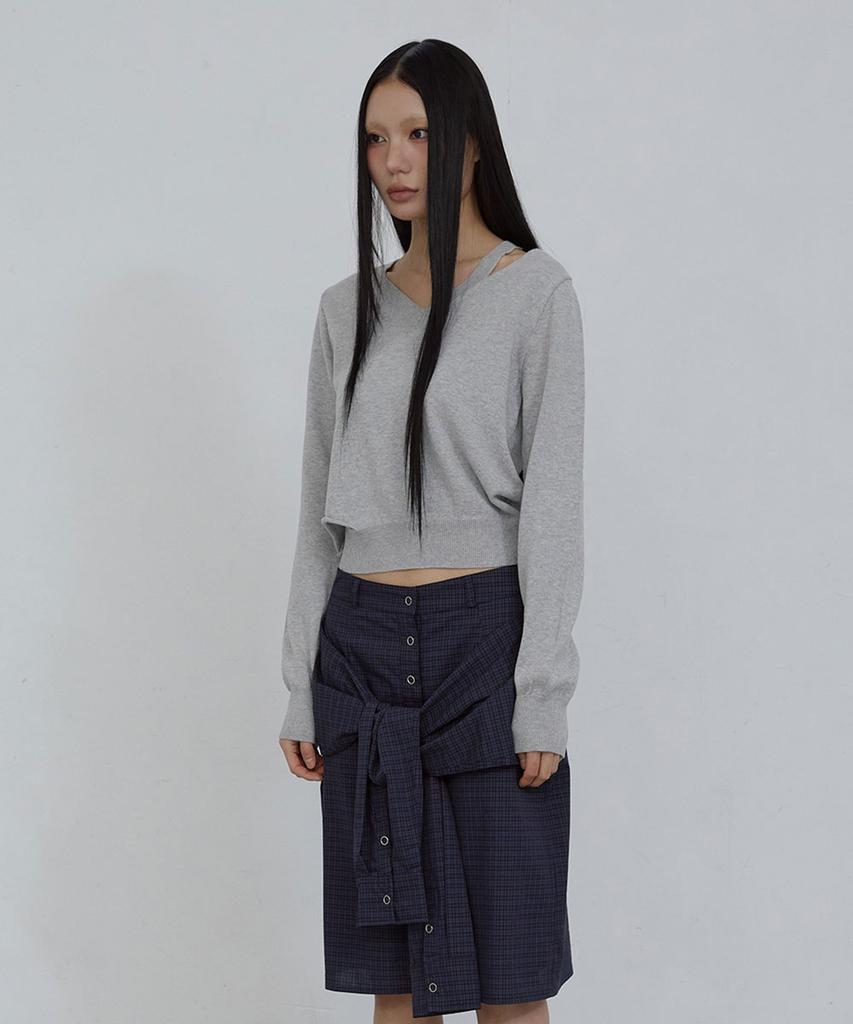 Uusoo Deep V-Neck Cotton Sweater_ Melange Gray