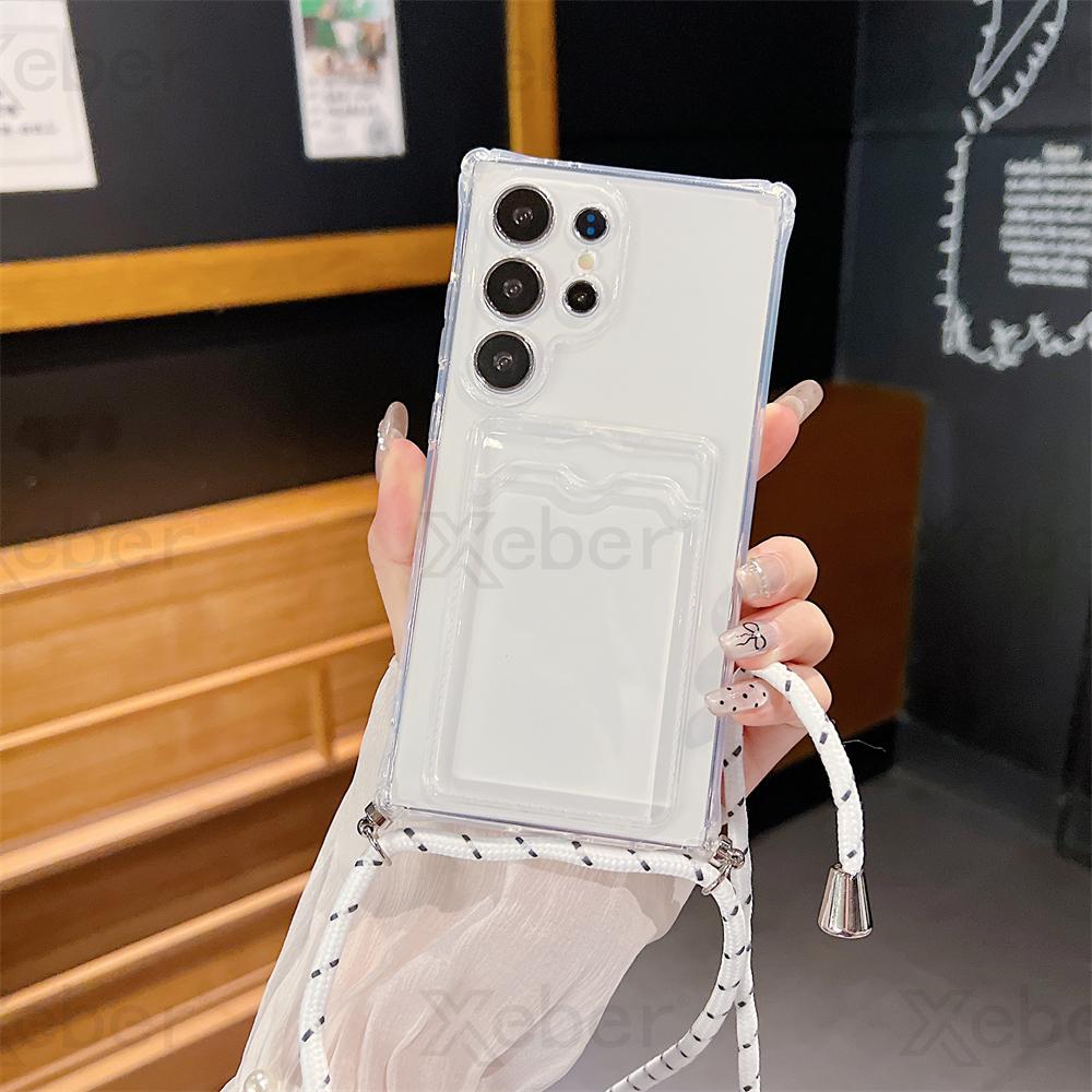 Luxury Card Bag Clear Wallet Crossbody Necklace Strap Case For Samsung S25 S24 S23 Ultra S22 S21 FE A55 A54 A53 A35 A33 5G Cover