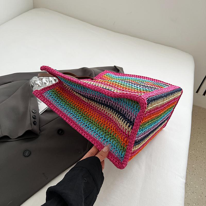 Stripe Big Straw Tote Bags for Women 2024 Summer Fashion Summer Shoulder Bags Handbags and Purses Weave Beach Bag