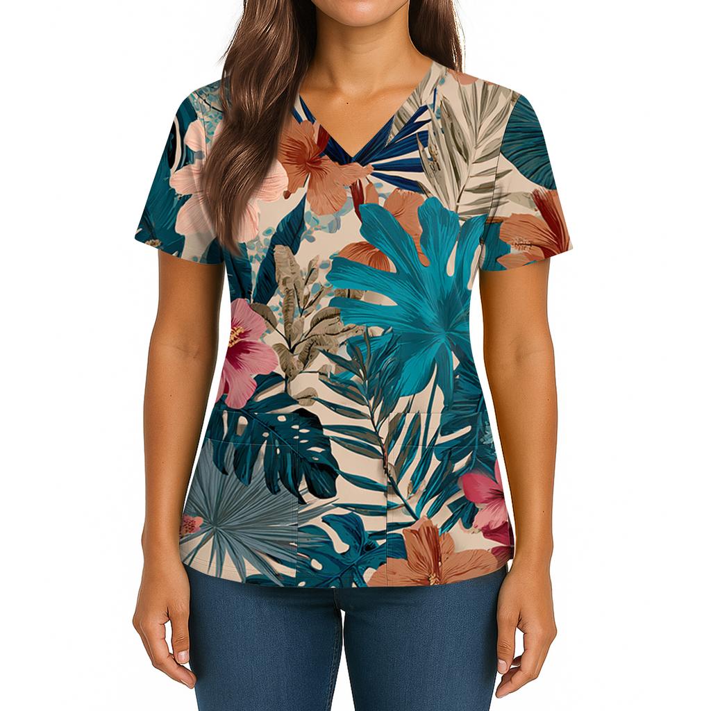 Women's Hawaiian Print V-Neck Double Pocket Short Sleeve Uniform/ Top