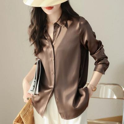 Fashion Casual Office Ladies Satin Shirt Loose Long Sleeve Tops Solid Plus Size Women's Blouses Elegant Button Up Vintage Simple Female Shirts 25678