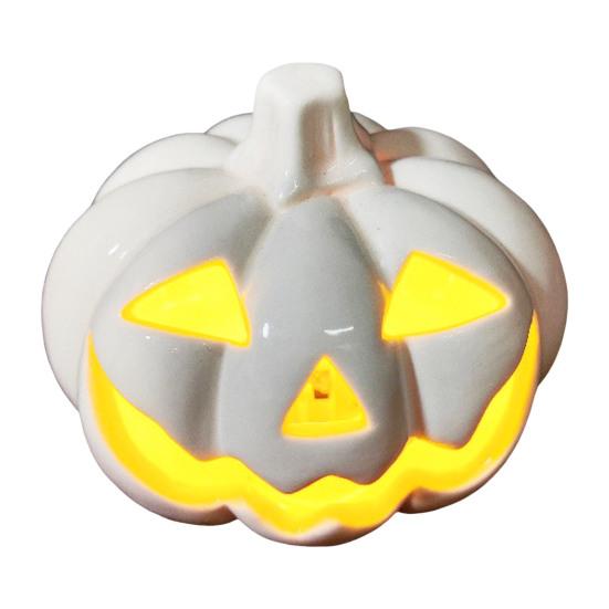 Yousheng Light Up Halloween Decoration Ceramic Carved Pumpkin Skull Bat Figurine LED Tabletop Ornament for Halloween Home Shelf Desk Decor