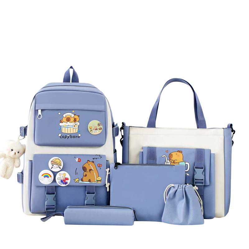 Pięcioczęściowy Zestaw Plecaków Dziewczęcy Plecak Płócienny z Kreskówką Chilren Plecak Szkolny o Dużej Pojemności dla Uczniów Szkoły Podstawowej