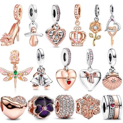 Sparkling Rose Gold Copper Pave Round Beads & Dragonfly Charm Fit Original Bracelet Pendant For Girls Jewelry Gift