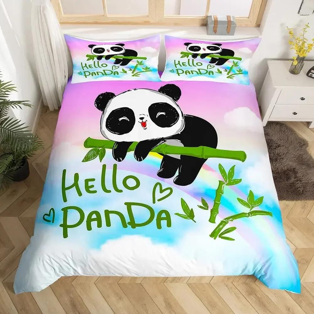 Panda Duvet Cover Cute Cartoon Animal Bedding Set Green Bamboo Print Comforter Cover Lovely Wild Animal Panda Bedspread Cover