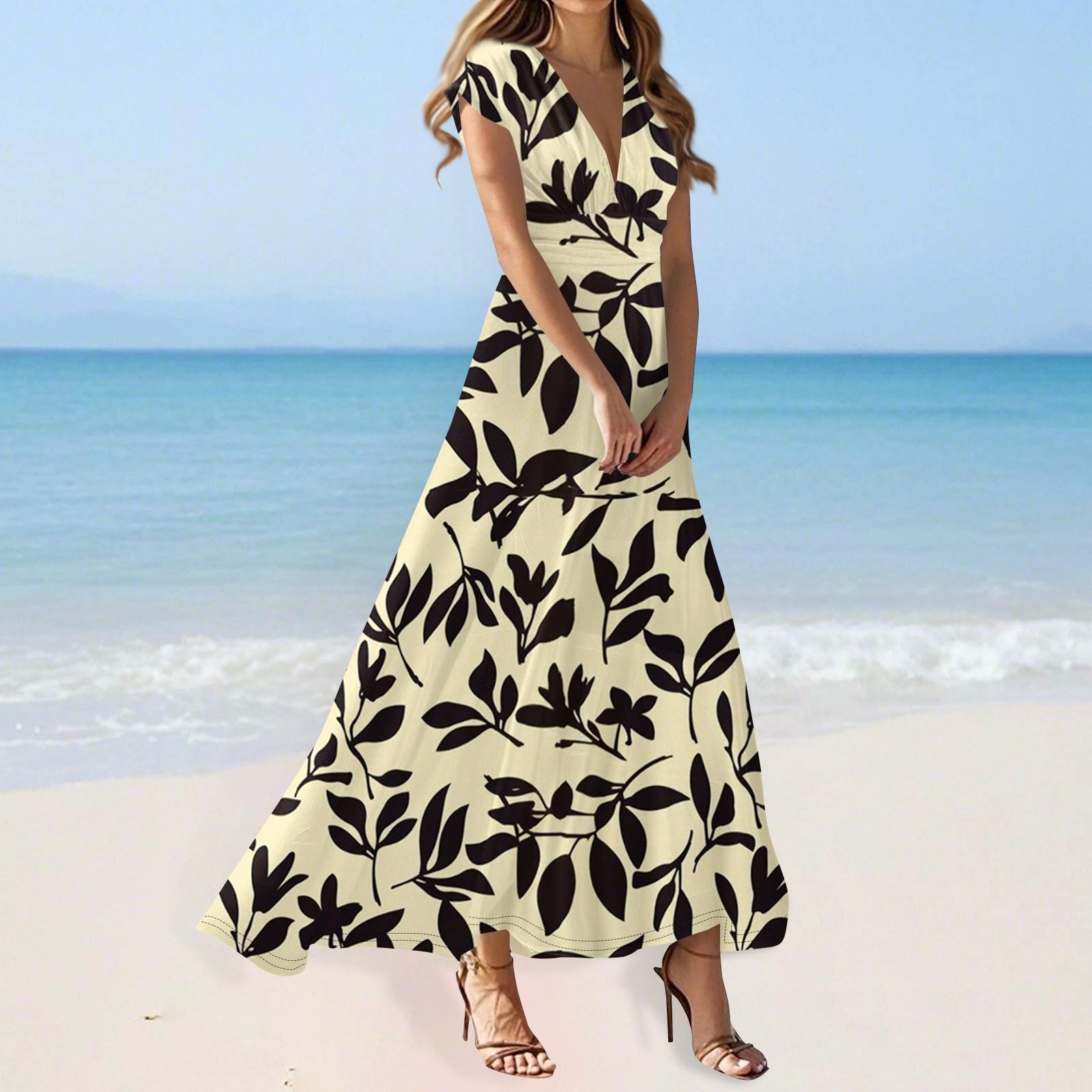 Women s Summer Casual Fashion Flower Printed Dresses V-Neck Short Sleeve Dresses L