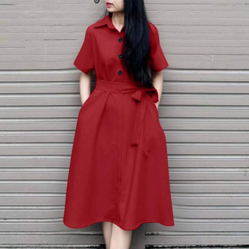 ZANZEA Women Casual Turn Down Collar Loose Short Sleeve Shirt Dress