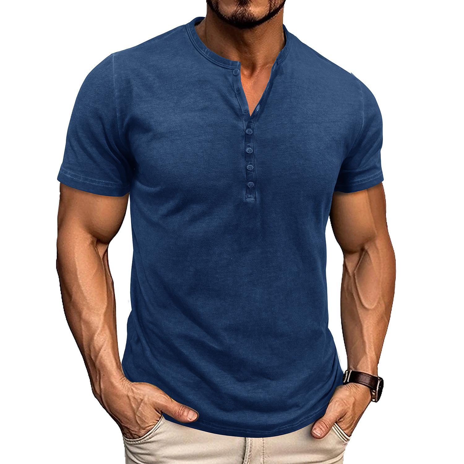 Летняя мужская ретро-футболка Henley стираная однотонная хлопковая футболка для фитнеса мужские футболки топы M синий 2770₽