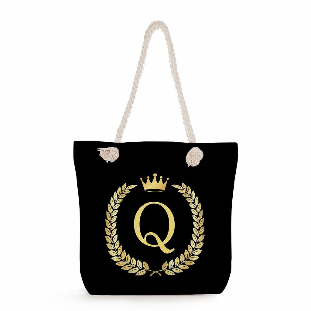 Black letters on a black background print thick rope single-shoulder beach bag 7289 CLE