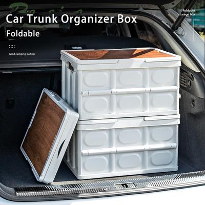 Faltbare Aufbewahrungsbox für Outdoor-Camping, tragbare Organisationsbox mit großem Fassungsvermögen und Griff, Holzdeckel, multifunktionaler Picknicktisch