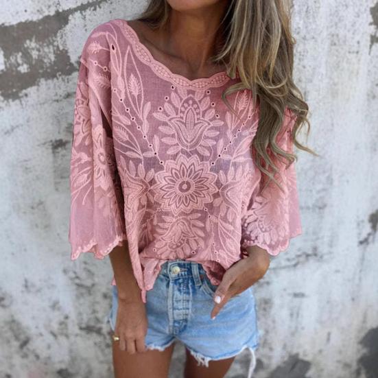 Yousheng Women Tops Round Neck 3/4 Sleeves Lace Decorated Loose Fit Casual Shirt Solid Color Breathable Irregular Tops