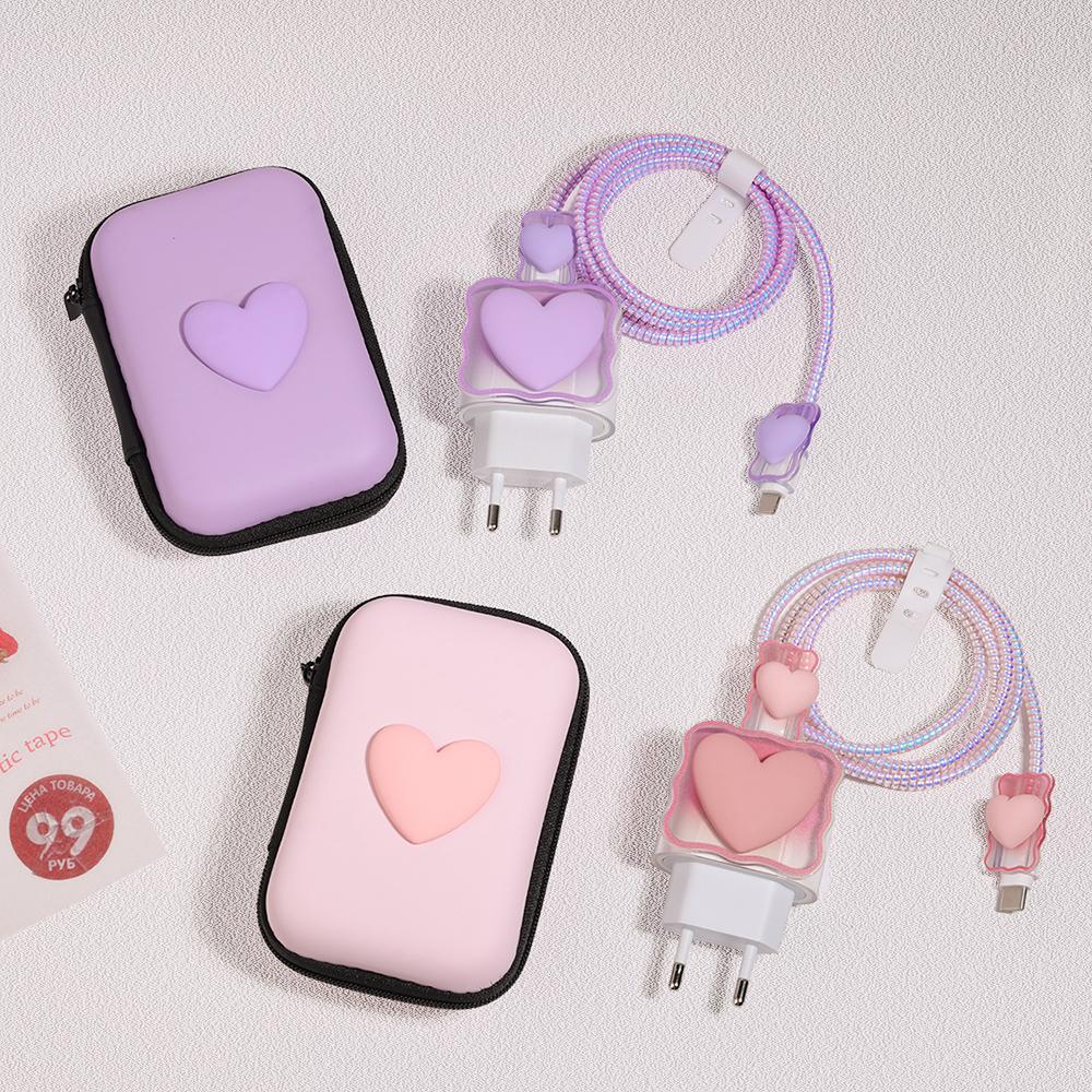 3D Love Heart Data Cable Protective Cover For 11 15 16 Pro Max 14 13 12 18W 20W Charger Cases Wire Winder Cable Organizer