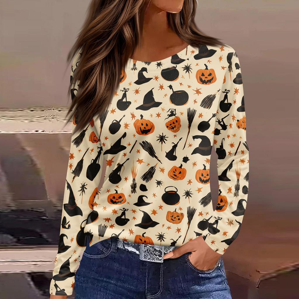 Women's Halloween Print Long Sleeve Top with Round Neck and Hem Slit