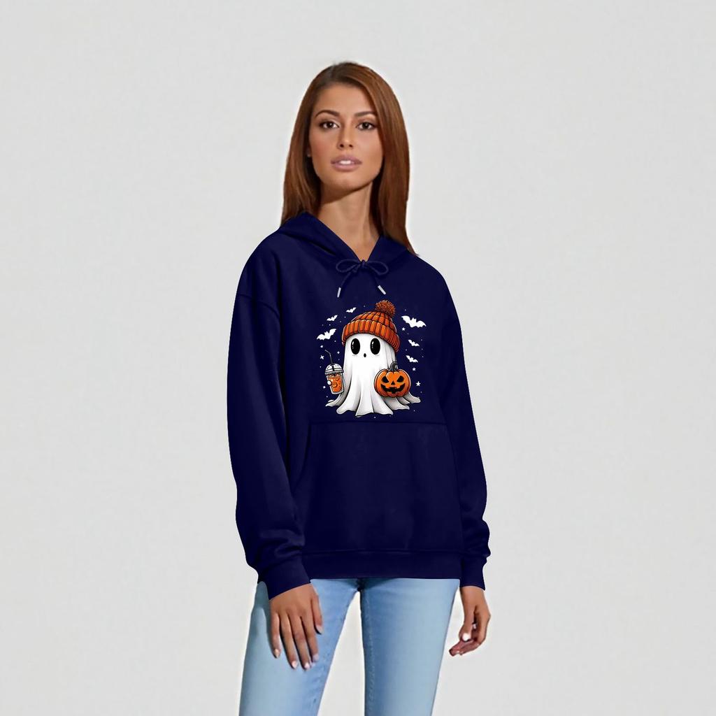 Women's O-neck Long Sleeve Halloween Printed Top Solid Color Hoodie