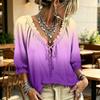 Women's Gradient Print Ruffle V-Neck Blouse with Tie Front