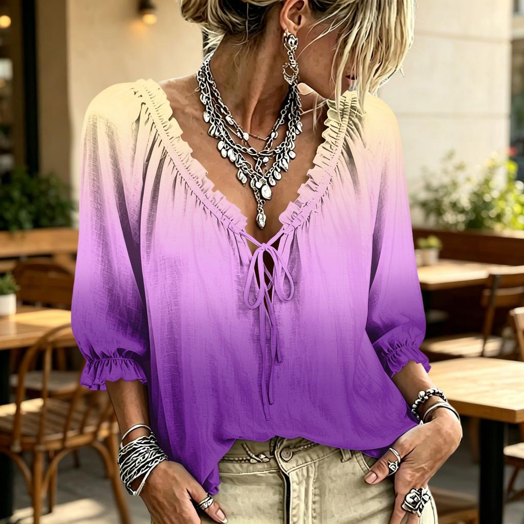 Women's Gradient Print Ruffle V-Neck Blouse with Tie Front