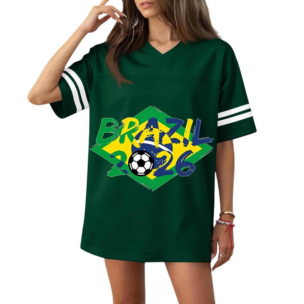 Women’s Casual V Neck Short Sleeve Soccer Jersey Top with Flag Print and 2026 Graphic Loose Fit Sports Shirt