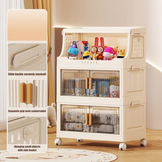 Stackable Collapsible Storage Bins Storage Boxes with Door And Wheels Multi-tier Rolling Organizer with Shelf for Kids Toys Snacks Blanket Pillow