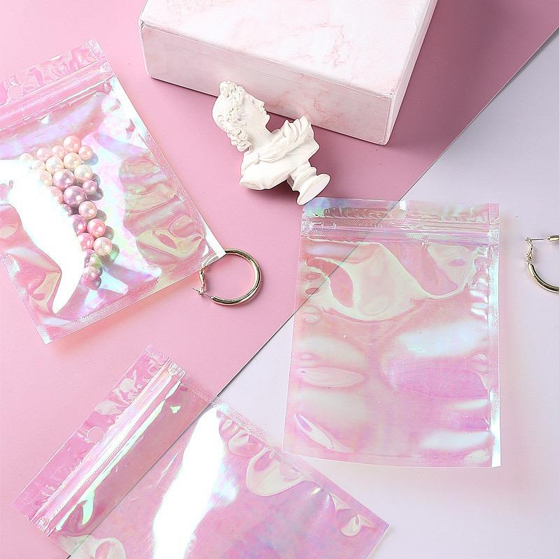 Transparent Mylar Holographic Bags Iridescent Zip Bags Cosmetic Jewelry Holographic Pouches Pink Rainbow Zipper Bags