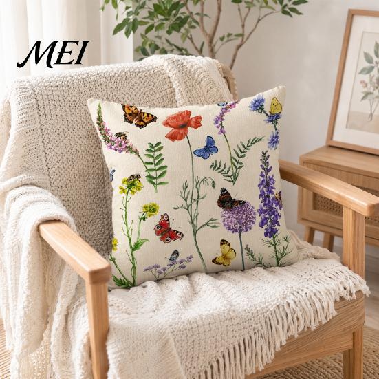 Cotton Linen Pillowcase Floral Cushion Cover, 18x18 Inch Decorative Throw Pillow Cover with Hidden Zipper, Breathable Plant Insect Flower Patterns,