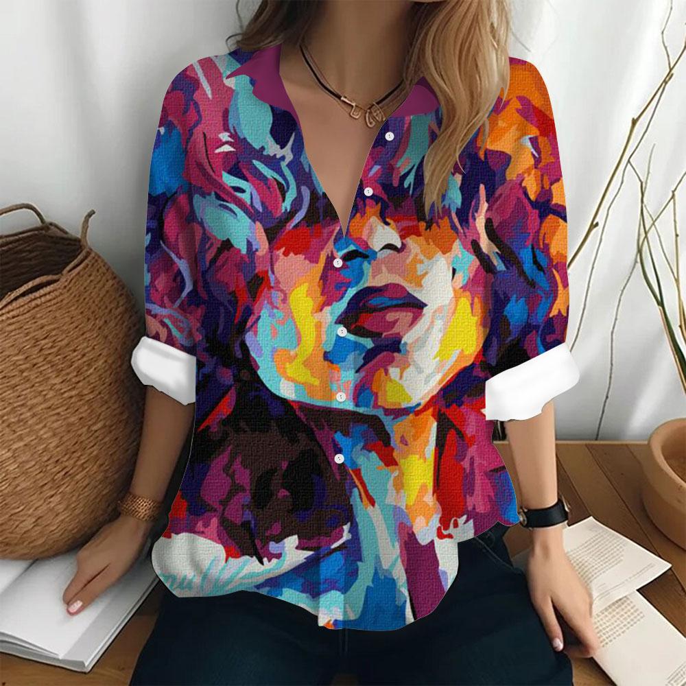 Women s Long Sleeve Shirt Fashion Figure Print Autumn Fashion T-shirt Loose Button Fashion Top Women s Long Sleeve T-shirt S
