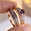 Crystal Female Purple Black Blue Zircon Round Stone Ring Set Vintage Gold Color Bridal Wedding Jewelry For Women