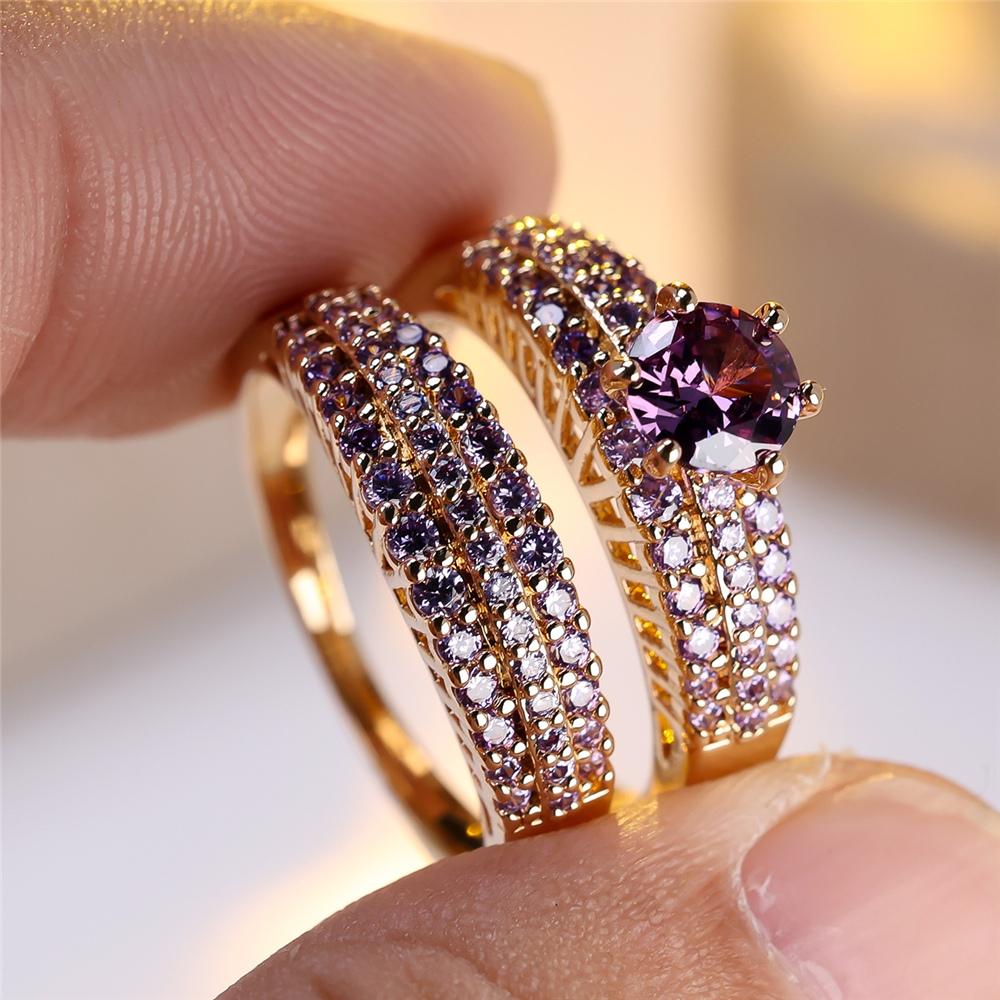 Crystal Female Purple Black Blue Zircon Round Stone Ring Set Vintage Gold Color Bridal Wedding Jewelry For Women